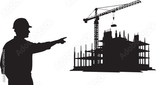 Construction worker directing crane at building site silhouette graphic design