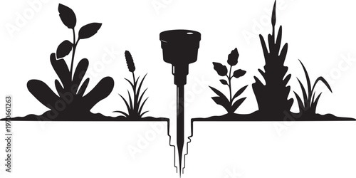 Black Silhouette of Garden Sprinkler and Plants on White Background