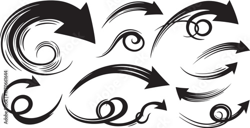 Collection of black swirling arrows and curls on white background