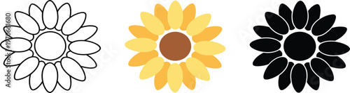 Yellow sunflower and black silhouette icons set, blooming floral elements isolated on white background vector
