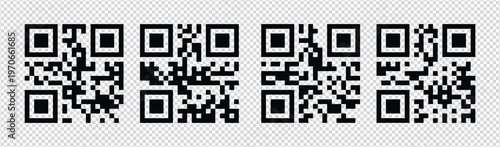 A set of five black qr codes on a transparent background with a subtle grey and white checkerboard pattern