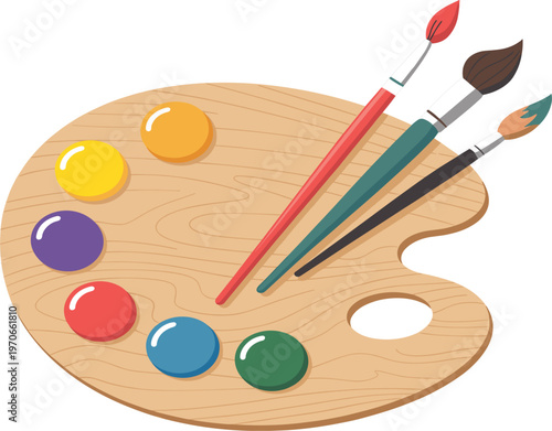 Wooden artist palette with colorful oil paints and brushes, isolated on white background for art vector