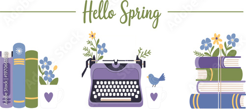 Hello Spring banner with vintage typewriter, books and blooming flowers, isolated on white background vector