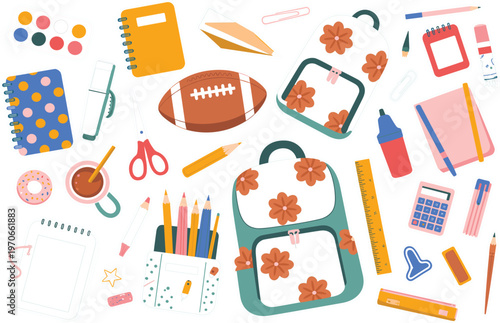 Colorful school supplies and backpacks set with stationery, education and back to school concept isolated vector