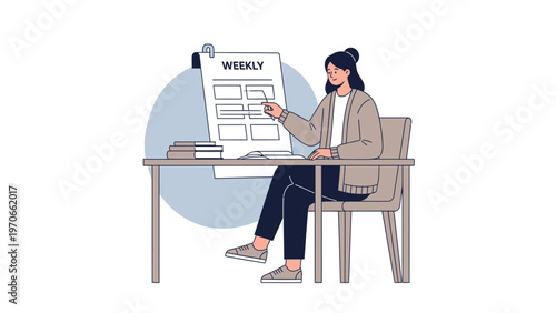 Woman planning weekly schedule at desk, pointing at calendar, time management concept