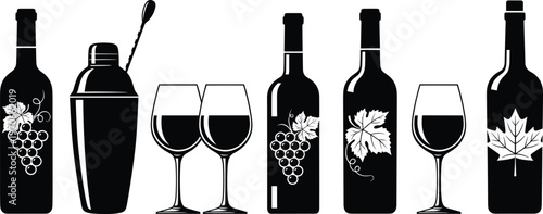 Black and white wine bottle and glass silhouettes with grape designs, cocktail shaker, elegant beverage culture illustration, barware concept artwork for lifestyle and drink design