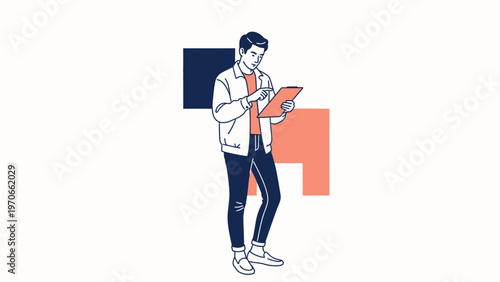 Young Man Standing and Using Tablet, Modern Minimalist Illustration