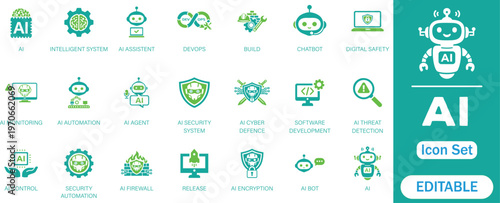 Artificial Intelligence -AI editable solid icon set. Collection for DevOps,Security, Ai agent, cyber security, digital security, ethics, ethics automation and more perfect Vector Icons.


