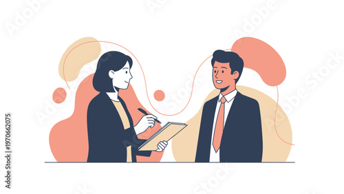 Business meeting illustration: woman interviewing man, professional setting, flat design