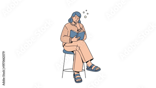 Woman Reading Book on Stool, Casual Style, Thoughtful Expression, Isolated on White
