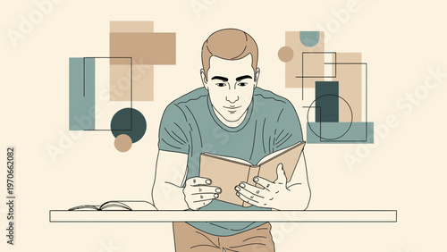 Young Man Reading Book with Abstract Geometric Shapes Background