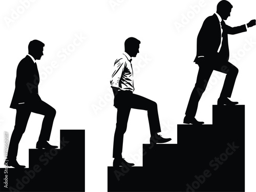 Black silhouette vector illustration of business people ascending staircase in progression, symbolizing career growth, success, achievement, and upward movement in professio