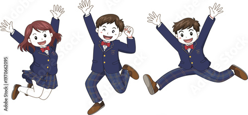 Happy school students jumping in uniform, education success and back to school concept isolated vector