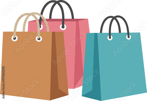 Three colorful paper shopping bags with rope handles, isolated on white background for retail vector design