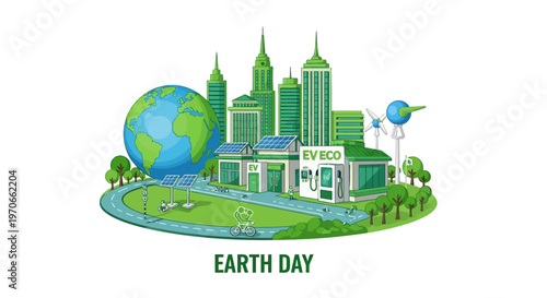 A vector illustration depicts a Green City promoting Earth Day with a focus on urban sustainability through EV charging stations, solar roofs, and bike lanes set against a clean skyline