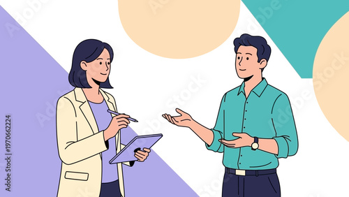 Business meeting: woman taking notes, man explaining with gestures, abstract background