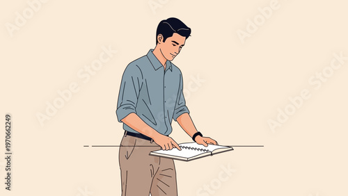 Young man reading a book, pointing at the page, focused and studious, clean background