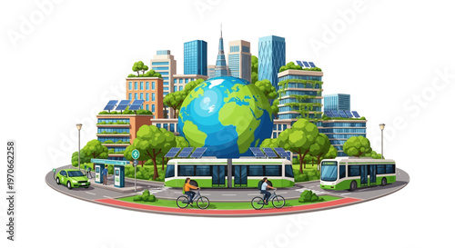 A vibrant vector illustration depicts a green city with a sustainable urban skyline, featuring electric vehicle charging stations, solar roofs, bike lanes, and an Earth Day theme, set