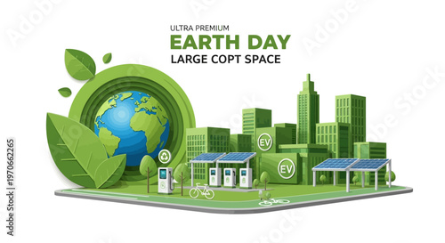 A vector illustration displays a Green City skyline with Earth Day elements, featuring a solar roof, EV charging stations, and a bike lane to promote urban sustainability with a clean