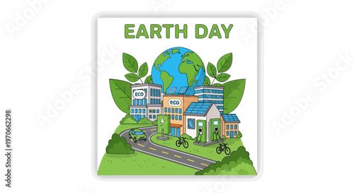 Vector illustration showcases a Green City with EV charging stations and solar roofs, depicting urban sustainability for Earth Day against a clean skyline, conveying an eco-friendly