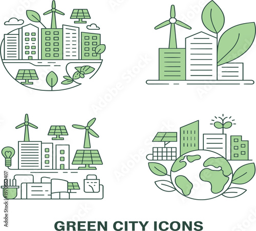 Green city icons set with wind turbines, solar panels and eco buildings isolated on white vector