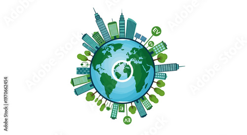 A vector illustration shows a vibrant Earth Day-themed smart city design, complete with solar roofs, bike lanes, and EV charging points, set against a clean skyline to promote urban