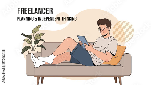 Freelancer working on tablet on sofa, planning and independent thinking concept