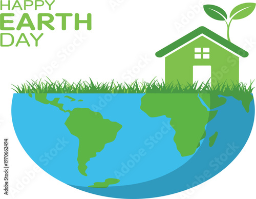 Happy Earth Day banner with green house and leaves on blue globe isolated on white background vector