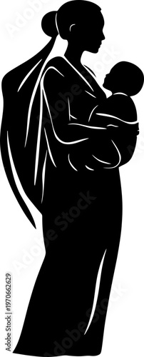 Silhouette of an Indigenous Mother Carrying Her Baby in a Traditional Sling