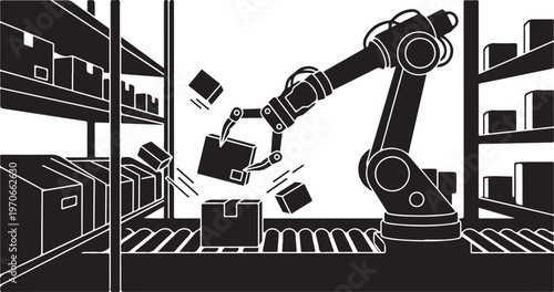 Robot arm handling boxes in a warehouse setting illustration