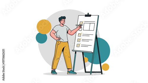 Man checking tasks on a whiteboard, planning and organization concept