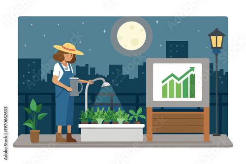 Woman tending plants near a graph display under a night sky