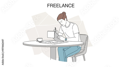 Freelance woman working at a table with coffee and papers, minimalist illustration