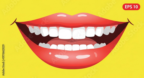 Smiling lips with white teeth on yellow background illustration for dental health or happiness concept