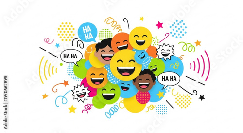 Diverse group of happy emojis laughing and having fun with colorful speech bubbles and confetti on white background