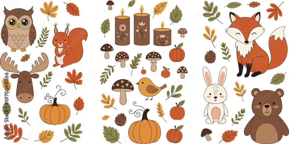 Fototapeta premium Cute Autumn Woodland Cartoon Character Set with Fox, Bear, Owl, Squirrel, Rabbit, Pumpkin and Fall Leaves Illustrations Isolated on White Background