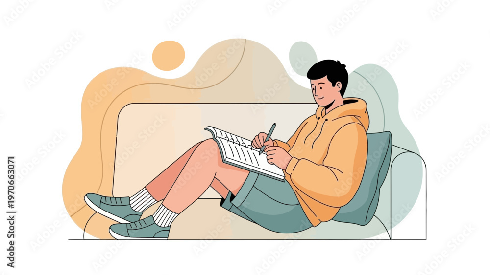 Obraz premium Young Man Studying and Writing Notes on Sofa, Relaxed Home Study
