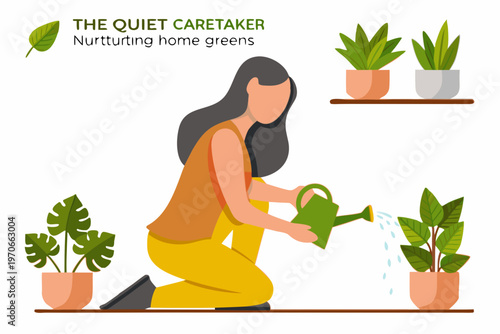 Woman watering indoor plants a peaceful scene of home gardening