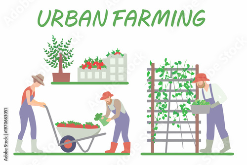 Illustration depicting people gardening in an urban environment with plants