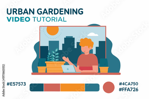 Illustration promoting an urban gardening video tutorial with a city backdrop