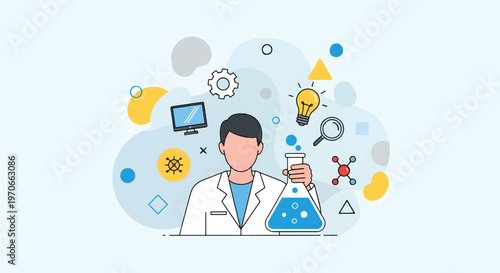 A scientist in a lab coat examines a beaker amidst various scientific symbols and equipment in a modern illustration.