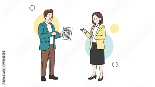 Man showing resume to woman, job interview, recruitment, business meeting, career concept
