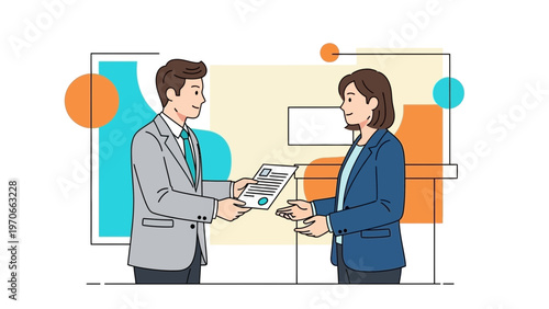 Business meeting: man giving document to woman, successful deal, teamwork, illustration