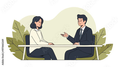 Business meeting: man and woman discuss at table, professional illustration