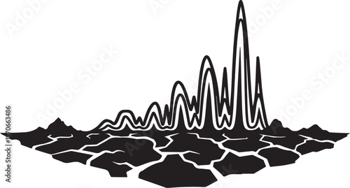 Black and white illustration of mountain range with graph peaks