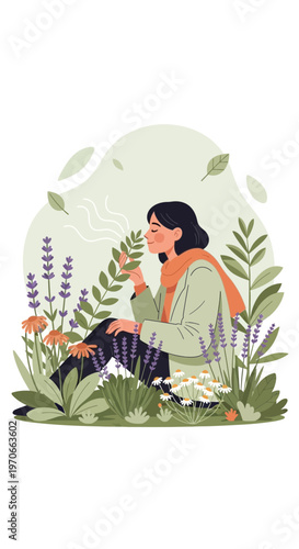 Woman Enjoying Nature And Fresh Air Surrounded By Blooming Flowers
