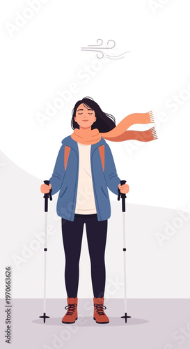 Woman Enjoying Nature With Wind And Nordic Walking Poles