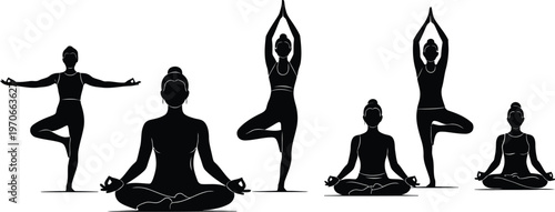 A collection of six female silhouettes demonstrating various yoga poses, including tree pose and seated meditation, against a clean white background.