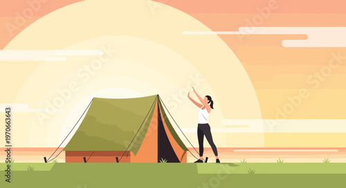 Woman Enjoying Serene Sunset Camping Adventure Outdoors