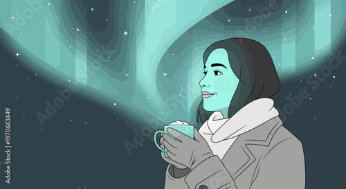 Woman Enjoys Hot Drink Under Northern Lights Display